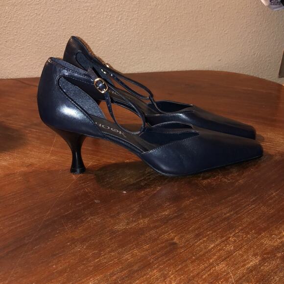 J G JG Hooks Preppy Academia Old Money Edgy Square Toe Blue Stacked Kitten Heels - Picture 4 of 11